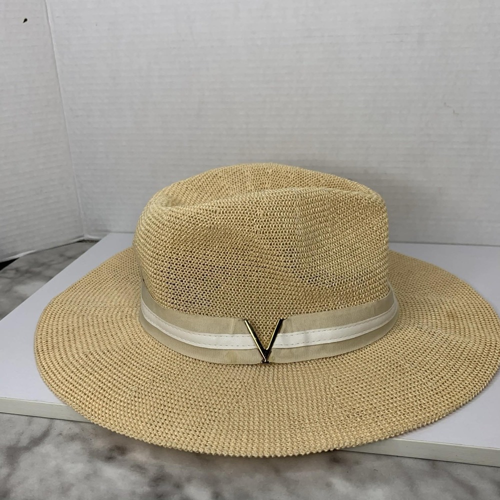 Vince Camuto Straw Fedora Sun Hat with V Logo Hardware